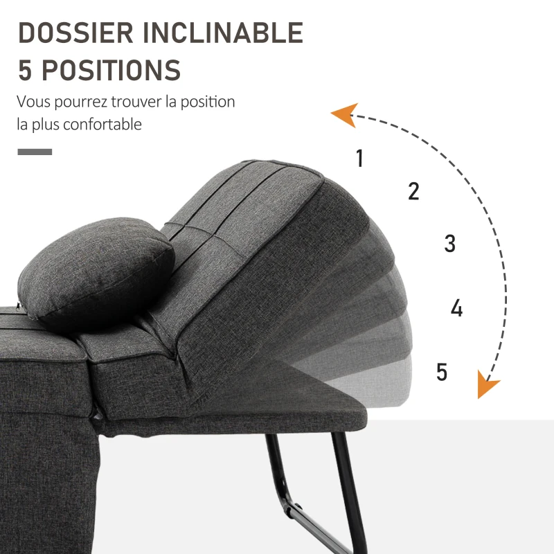 HOMCOM Chauffeuse 1 place 4 en 1 Fauteuil lit Convertible Pouf Dossier inclinable 5 Niveaux Repose-Pied Rabattable, Charge 200 Kg, châssis métal et Tissu Lin gris