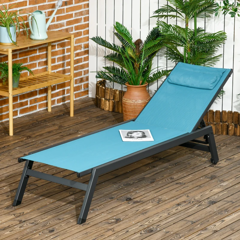 Outsunny Bain de soleil transat en aluminium et textilène avec roulettes et repose-tête dossier inclinable bleu