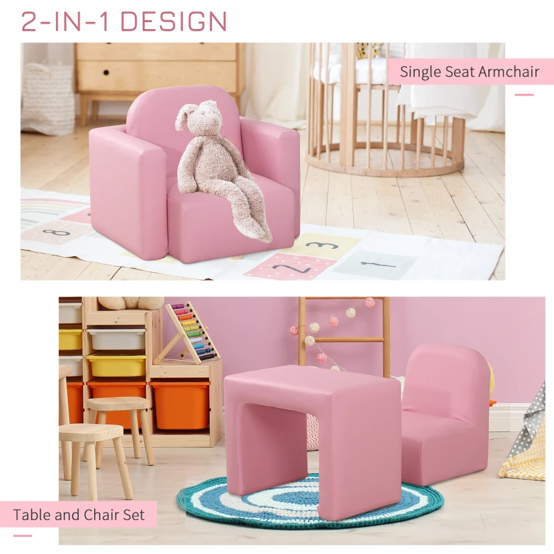 HOMCOM Kids Armchair Toddler Sofa Children's Chair, 2 in 1 Kids Table Chair Set with Wooden Frame, for 3 Years Old Boys Pink