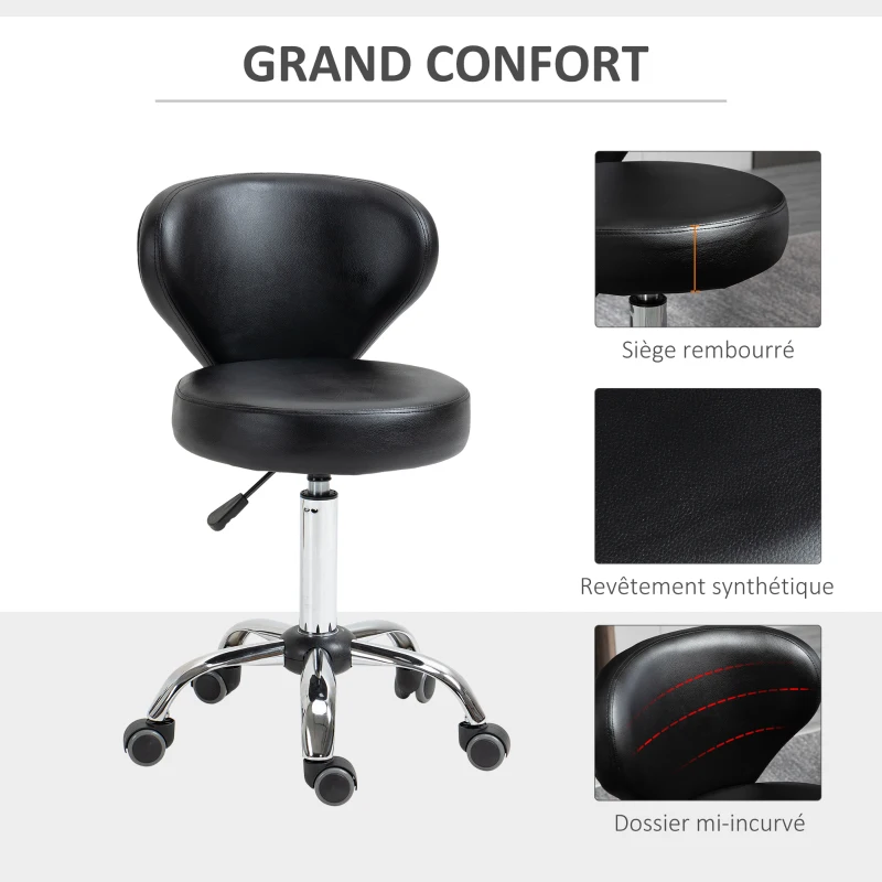 HOMCOM Tabouret à roulette tabouret de massage - tabouret de travail pivotant 360° - assise réglable 49-64H cm, dossier ergonomique - métal chromé revêtement synthétique noir
