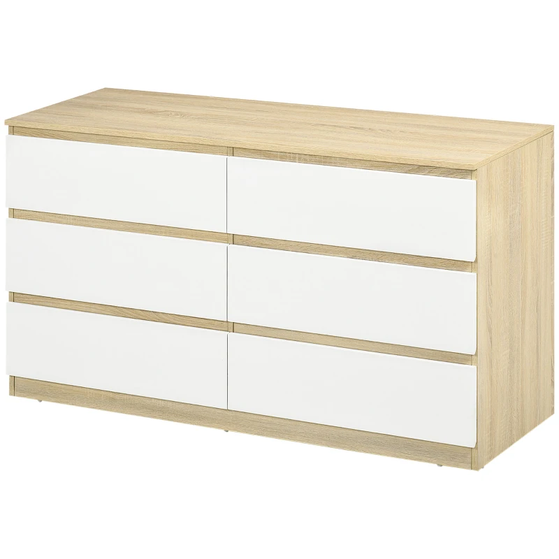 HOMCOM Cassettiera 6 Cassetti Moderna in Legno, 135x48x77cm, Bianco e Colore Legno