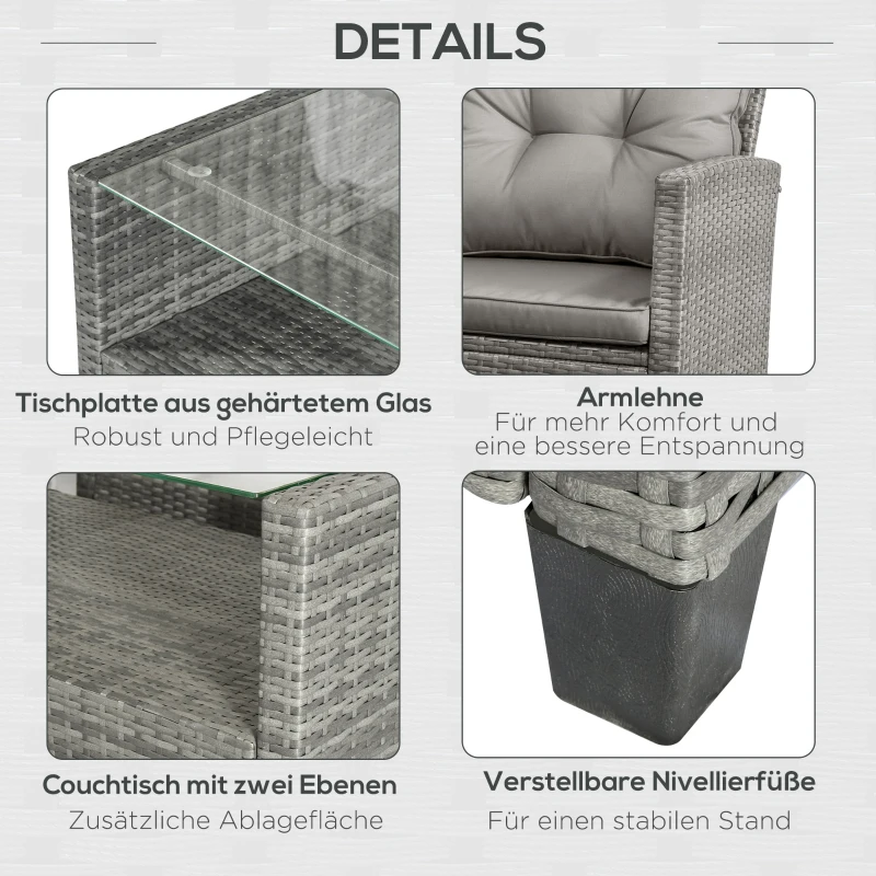 Outsunny Gartenmöbel-Set, 4-tlg., 3 Sofas, Beistelltisch, Sitzkissen, Alurahmen, PE-Rattan, Grau