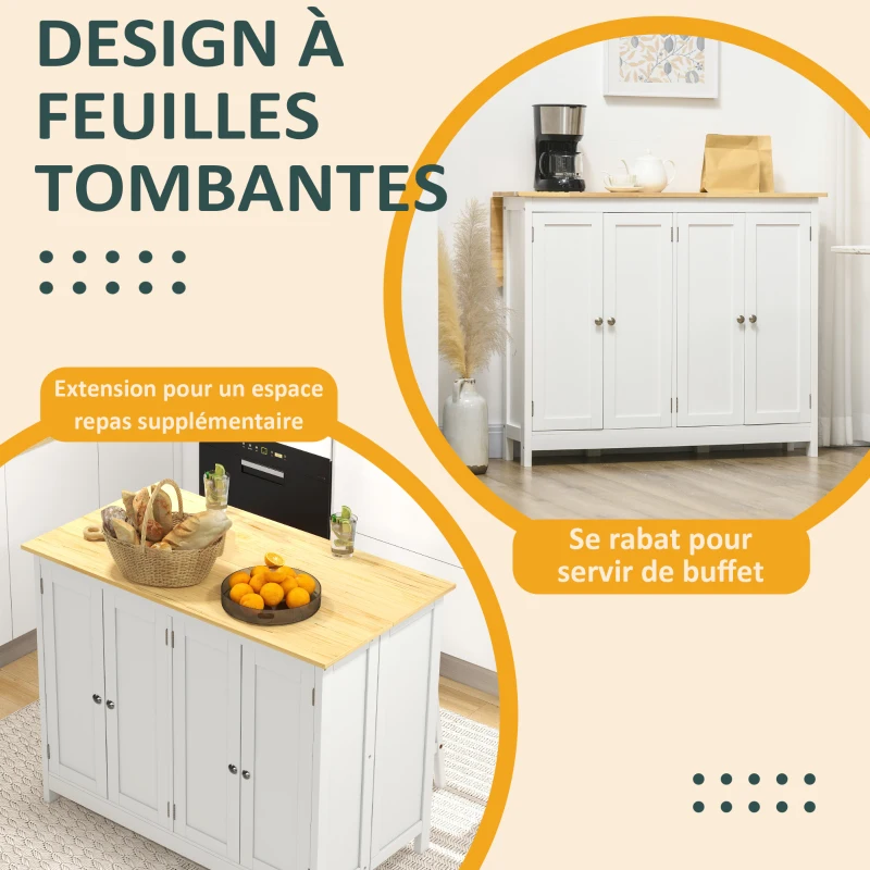 HOMCOM Desserte îlot de cuisine avec 2 tabourets plan de travail rabattable 2 placards avec 4 portes design moderne blanc