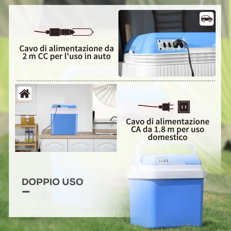 Outsunny Frigo per Auto 48W da 24L con Divisorio e Maniglia, 40x30x43cm, Bianco e Blu