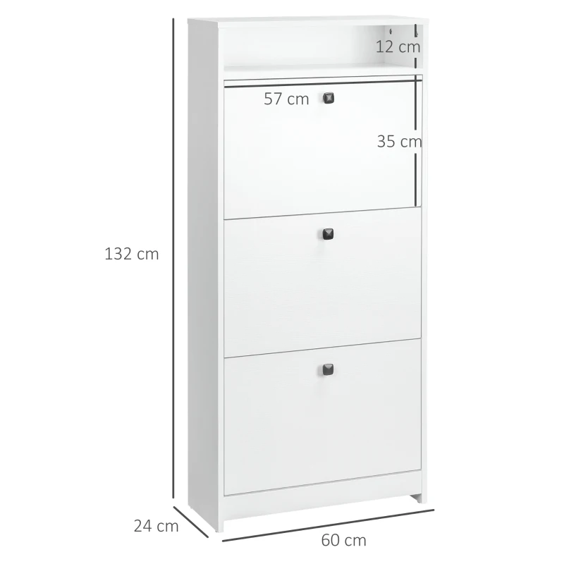 HOMCOM Narrow Shoe Cabinet with 3 Flip Doors, 14-18 Pairs Shoe Cupboard with Open Shelf for Slim Hallway and Entryway, 24 x 60 x 132 cm, White