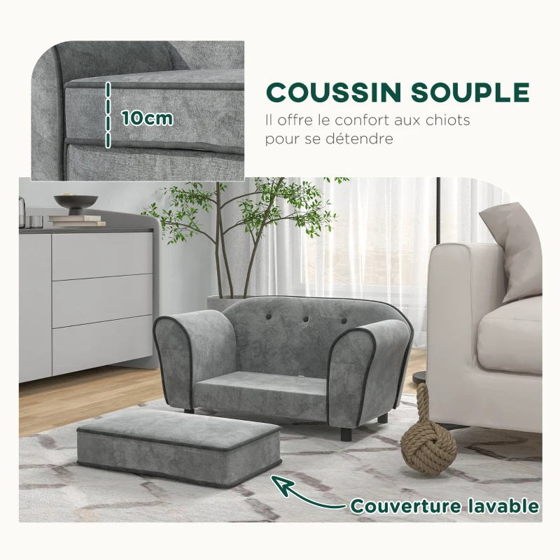 PawHut Canapé pour chien dossier capitonné au toucher velours néerlandais housse de coussin lavable 74 x 41 x 32,5 cm gris