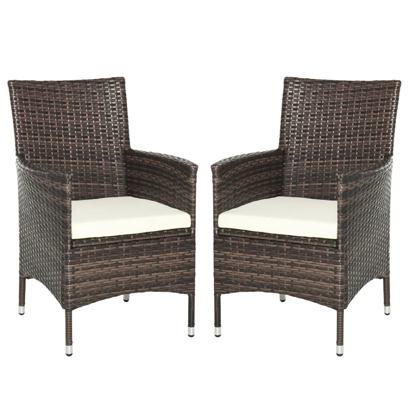 Outsunny 2 PC Outdoor Rattan Armchair Dining Chair Garden Patio Furniture w/ Armrests Cushions Mixed Brown