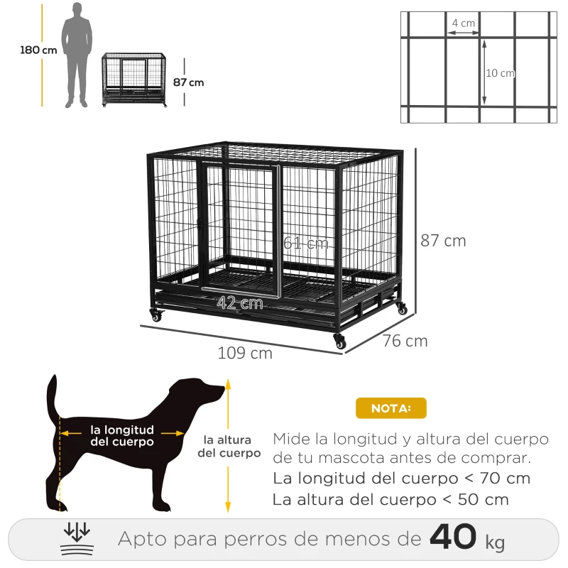 PawHut Jaula de Metal para Perros 109x76x87 cm Perrera Metálico con Ruedas y Frenos Bandeja Extraíble y Puerta con Pestillo para Golden Retriver Labrador Negro
