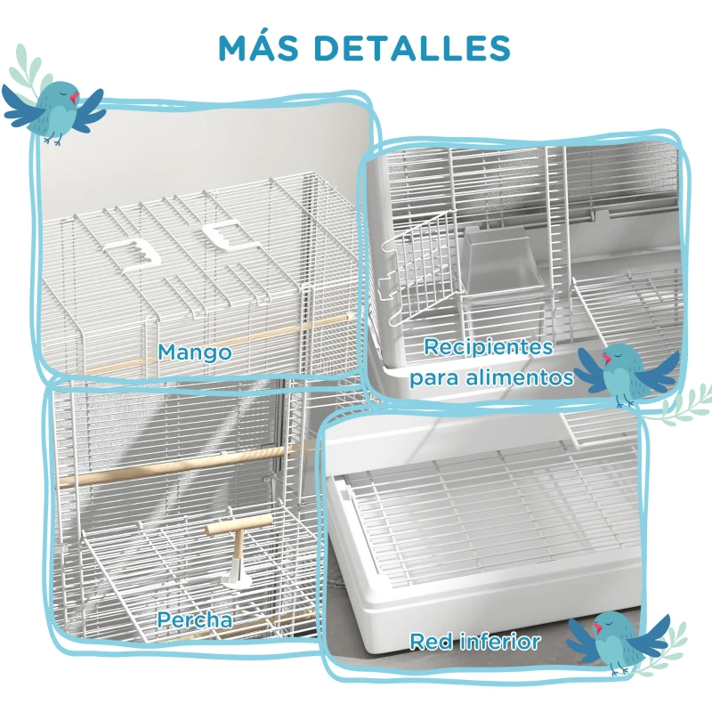 PawHut Jaula para Pájaros 61x36,5x98 cm con 8 Puertas 5 Perchas Bandeja Extraíble y 4 Comederos para Periquitos Pinzones Blanco