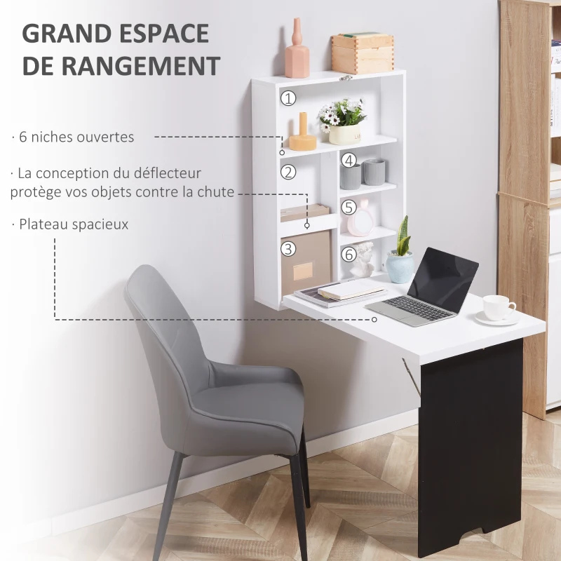 HOMCOM Bureau Mural Pliable Table Murale Rabattable Suspendue sur Pied étagère + Tableau à Craie intégré MDF Blanc
