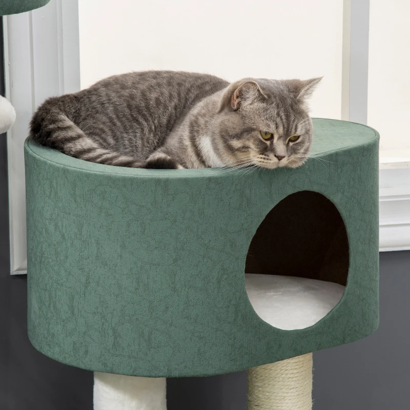 PawHut Árbol Rascador para Gatos Torre para Gatos con Camas Cueva Hamaca y Bolas Colgantes 70x50x114 cm Verde