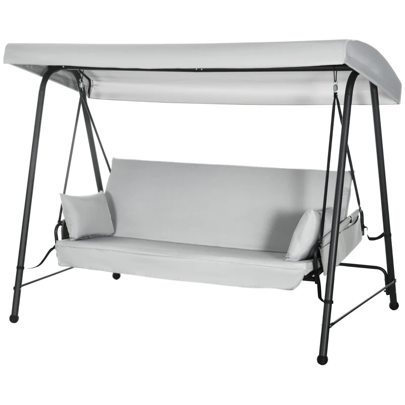 Outsunny Columpio de Jardín de 3 Plazas Convertible en Cama con Toldo Reclinable 2 Cojines y Marco de Acero 236x138x185 cm Gris
