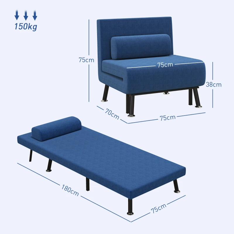 HOMCOM Poltrona Letto con Schienale Regolabile in 5 Posizioni, in Tessuto Effetto Lino e Acciaio, 75x70x75 cm, Blu Scuro