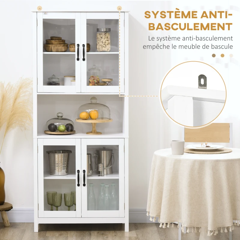 HOMCOM Buffet haut armoire de cuisine 4 portes vitrées et 1 niche centrage hauteur 172 cm avec étagères réglables blanc
