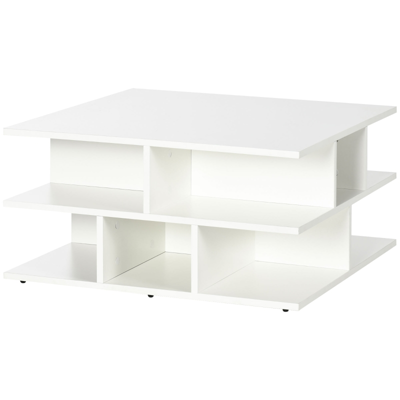 HOMCOM Mesa de Centro Cuadrada Moderna con Múltiples Estantes para Salón Oficina Dormitorio Estudio 70x70x36,5 cm Blanco