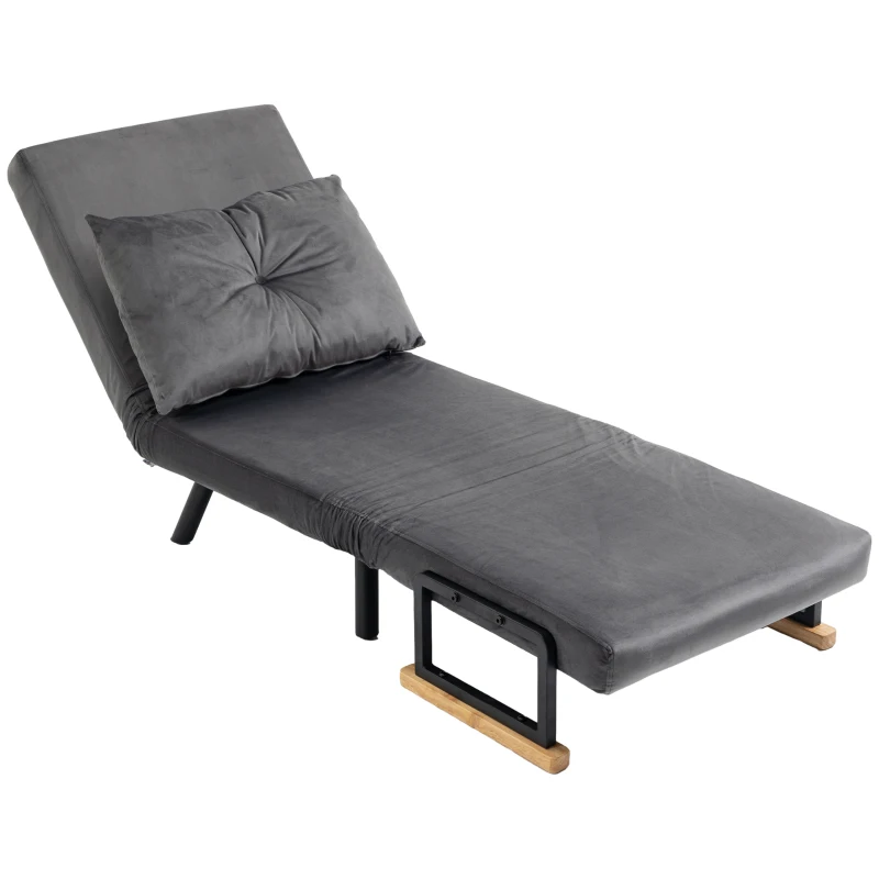 HOMCOM Sofá Cama Individual Plegable Silla Cama Convertible 4 en 1 Respaldo Ajustable de 5 Niveles y Almohada 63x73x81 cm Gris