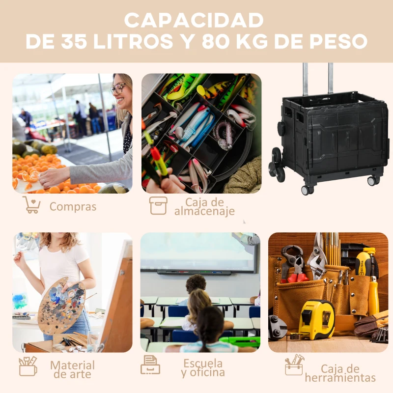 HOMCOM Carrito de la Compra Plegable con 2 Ruedas para Subir Escaleras Ángulo y Longitud de Mango Ajustable 48x43x95 cm Negro