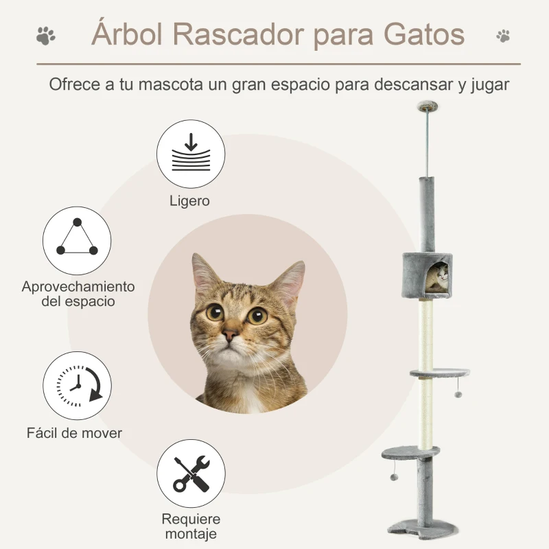 PawHut Árbol Rascador para Gatos Rascador para Fijar al Techo Altura 255 cm con Plataformas Cueva Postes de Sisal Bolas Colgantes Gris Claro