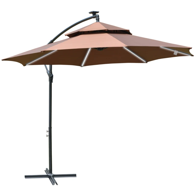 Outsunny 3(m) Cantilever Banana Parasol Hanging Umbrella with Double Roof, LED Solar lights, Crank, 8 Sturdy Ribs and Cross Base for Outdoor, Garden, Patio, Coffee