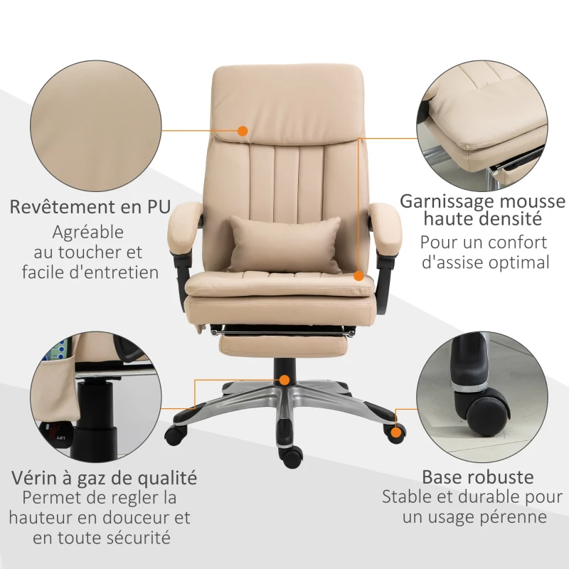 Vinsetto Fauteuil de bureau massant fauteuil bureau ergonomique hauteur réglable dossier inclinable repose-pied coussin lombaire télécommande intégrés revêtement synthétique beige