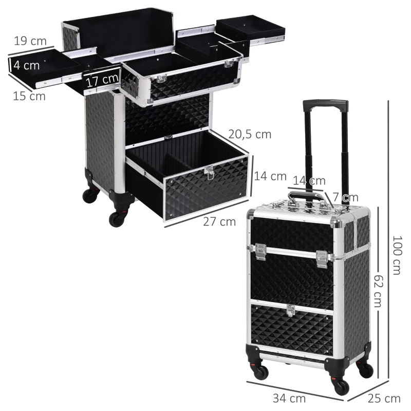 HOMCOM Valise trolley maquillage mallette cosmétique vanity poignée télescopique réglable 34L x 25l x 62H cm alu. noir