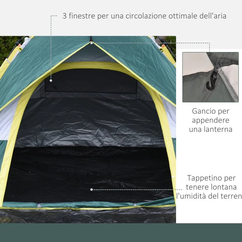 Outsunny Tenda da Campeggio 2 Posti con Apertura Automatica, Tasche Interne e Tappetino, 205x195x135 cm, Verde Oliva