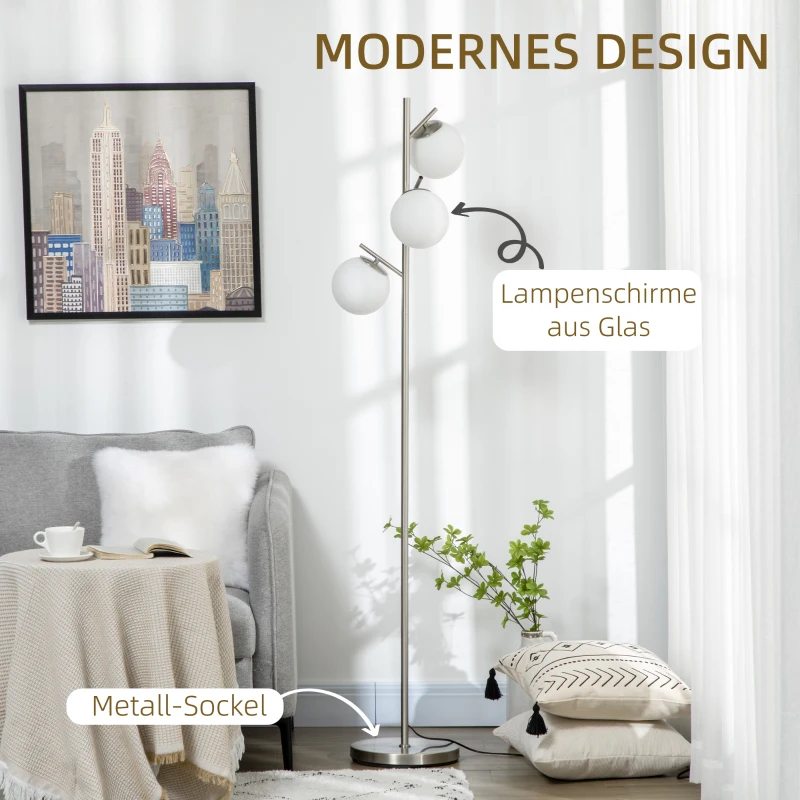HOMCOM Stehlampe mit 3 Lampenschirmen aus Glas, E 27, Fußschalter, Silber + Weiß