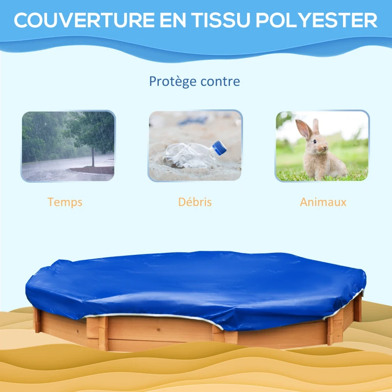 Outsunny Bac à sable en bois massif, octogonal,140 x 140 x 21,5 cm, 4 bancs avec bâche de couverture et sol non tissé, protection UV, facile à installer, jeux extérieur enfant, orange