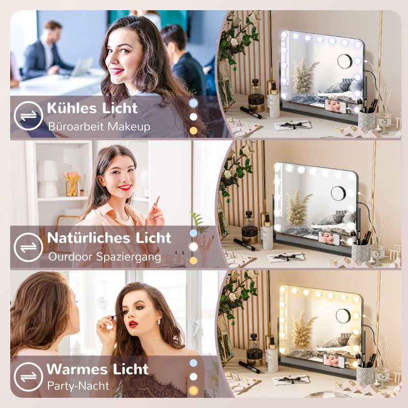 HOMCOM LED Kosmetikspiegel, 3 Lichtmodi, dimmbar, Touchsteuerung, USB, 62,5x49,5cm, Schwarz(m-6)