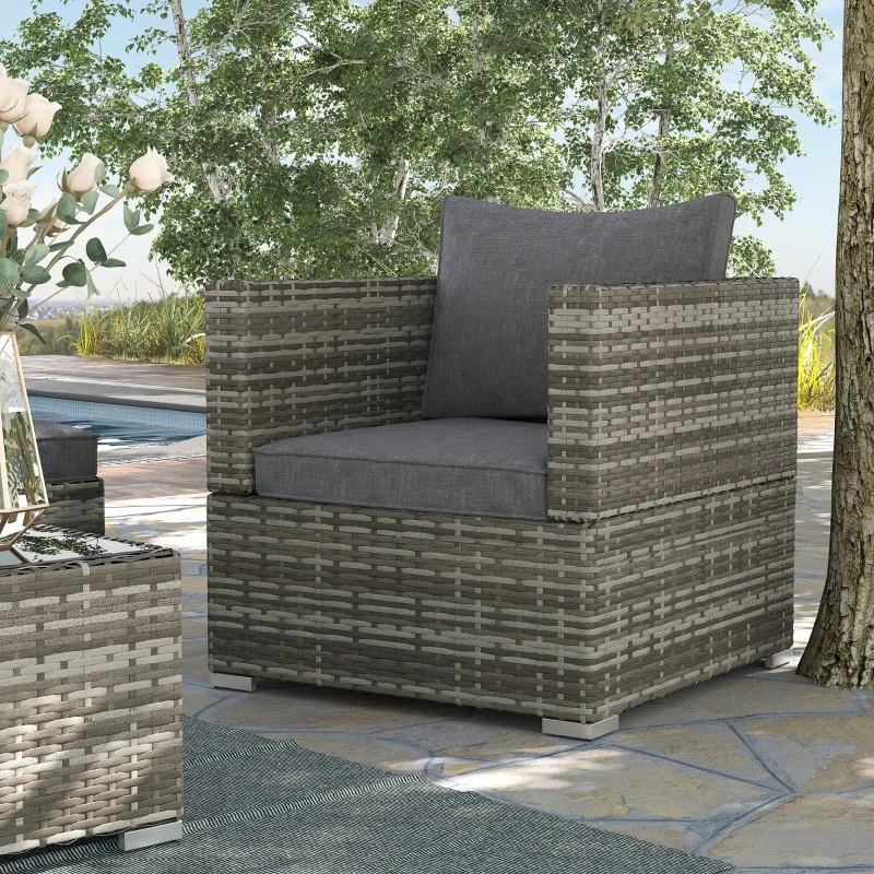 Outsunny Single Rattan Garden Chair, PE Wicker Garden Armchair with Cushions, Outdoor Rattan Chair with Armrests and Steel Frame for Conservatory, Porch, Patio, Balcony, Dark Grey