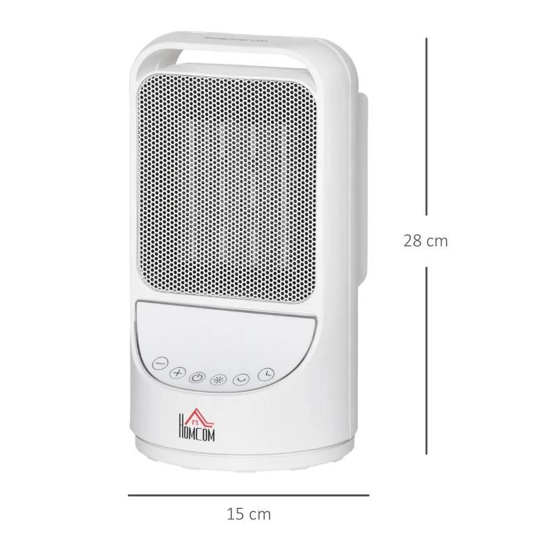HOMCOM Calefactor Cerámico Portátil 2 Niveles de Potencia 750W/1500W con Mando a Distancia Temporizador de 12H 3 Modos de Viento y 45° Oscilación Silencioso Ø15x28 cm Blanco