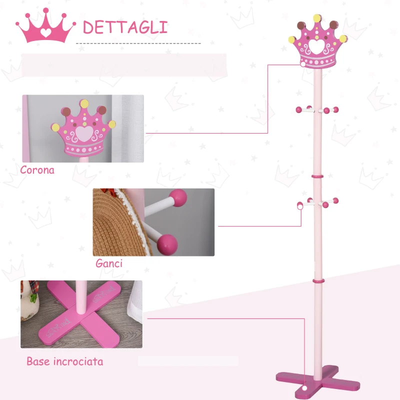HOMCOM Appendiabiti da Terra per Cameretta Bambini in Legno Rosa con 8 Ganci e Design a Forma di Corona 35 x 35 x 142cm