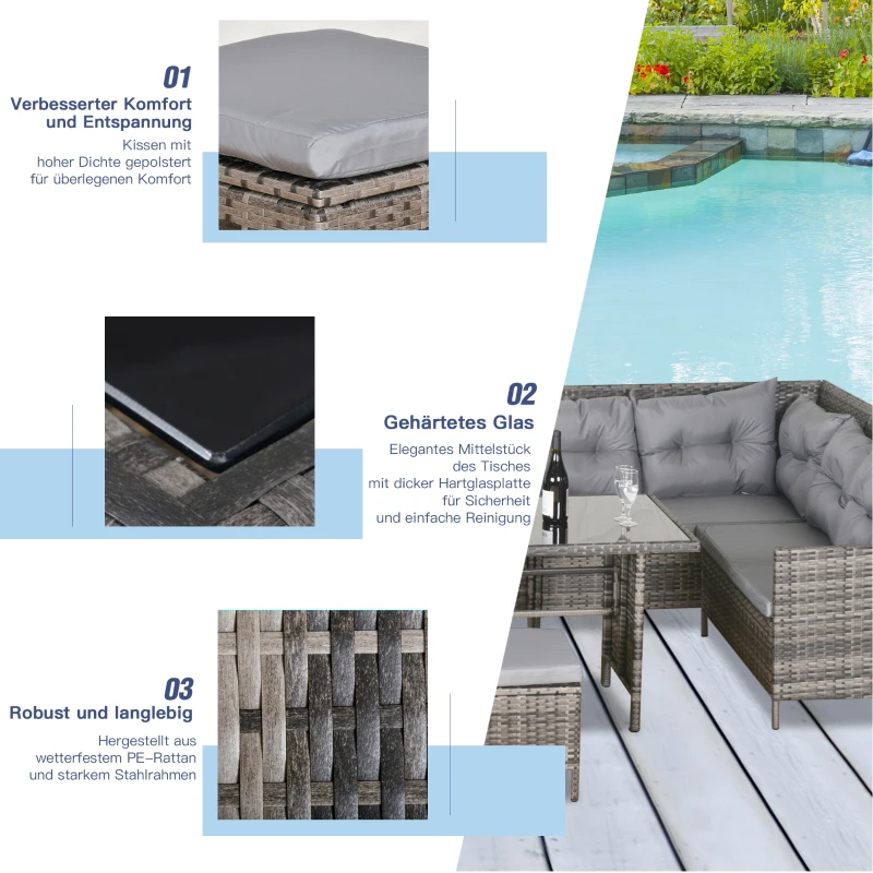 Outsunny Gartenmöbel-Set aus PE-Rattan, für 5 Personen, Rattan-Lounge-Set, abnehmbare Polster, Grau + Braun