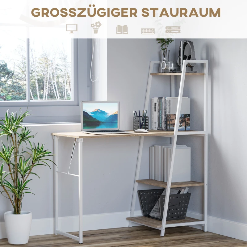 HOMCOM Schreibtisch klappbar mit 4 Tier Bücherregal, Computertisch, Bürotisch, E1 Spanplatte, Metallrahmen, Natur+Weiß, 106 x 48 x 128 cm