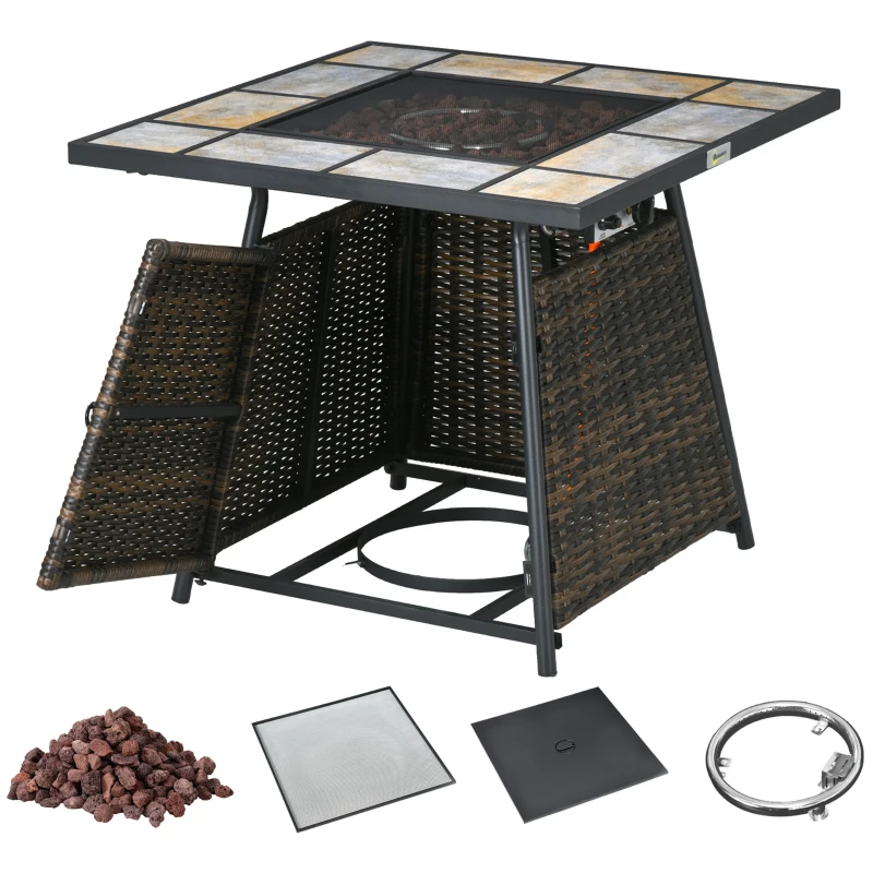 Outsunny Square Outdoor PE Rattan Fire Pit Table Gas Burner Heater w/ Control Panel, Slate Top, Lid and Lava Rocks, 50,000 BTU