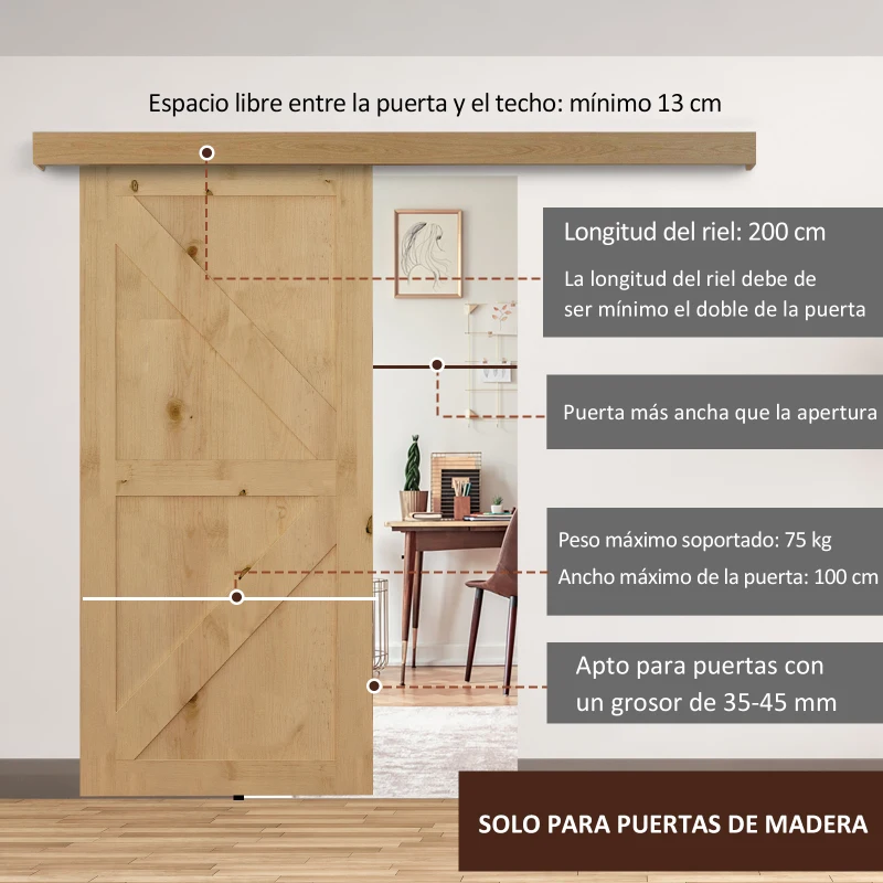 HOMCOM Kit de Herrajes para Puerta Corredera 200 cm con Riel de Aleación de Aluminio Carga 75 kg Marrón