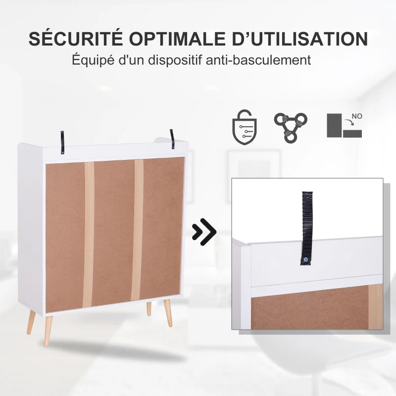 HOMCOM Meuble de rangement design scnadinave dim. 80L x 30l x 96H cm 4 niches placard 2 portes étagère tiroir coulissant bois massif panneaux particules blanc