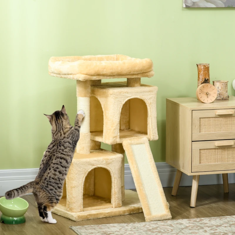 PawHut Sisal Cat Rest & Play Activity Tree w/ 2 House Cream White