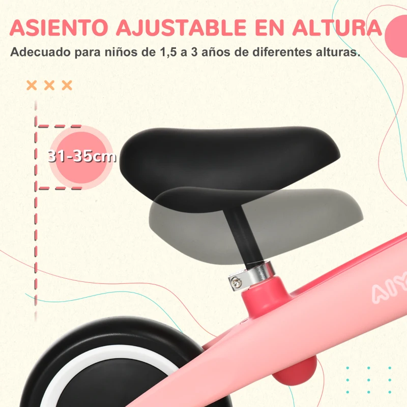AIYAPLAY Bicicleta de Equilibrio para Niños de 18-36 Meses con Asiento Ajustable en Altura Carga 25 kg 67,5x32x44 cm Rosa