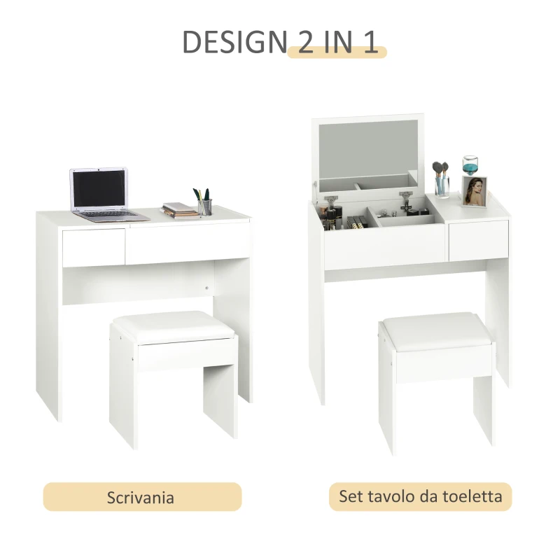 HOMCOM Tavolo da Trucco con Specchio Richiudibile, Tavolo da Trucco Moderno, con Sgabello, Vano Contenitore (4 Scomparti), MDF Bianco, 80x40x79 cm
