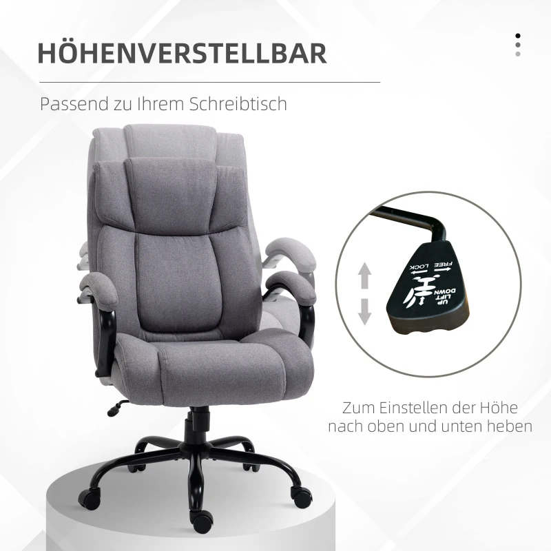 Vinsetto Bürostuhl, Ergonomischer Chefsessel bis 220 kg belastbar, Gepolsterter Schreibtischstuhl mit Armlehne, breit Sitz, Höhenverstellbarer Drehstuhl mit Wippfunktion, Leinenoptik, Hellgrau