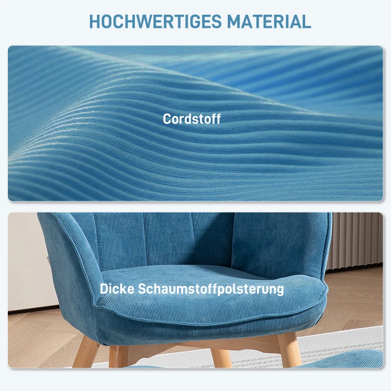 HOMCOM Akzentsessel mit Hocker, Relaxsessel in Cord-Optik, Armlehnstuhl mit Holzbeinen, für Wohnzimmer, Blau(m-4)