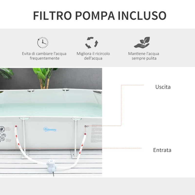 Outsunny Piscina Autoportante da Esterno, Piscina Rettangolare Fuori Terra con Filtro e Valvola in Acciaio e PVC, Grigio, 292x190x75cm