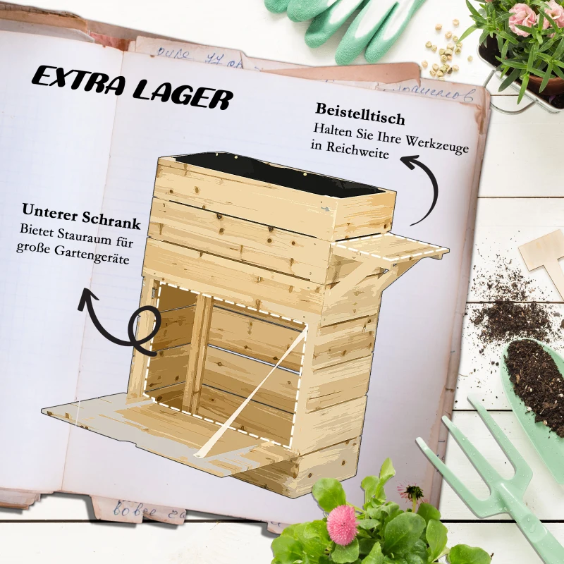 Outsunny Hochbeet mit Klapptisch und Stauraum, lackiertes Massivholz, Innenverkleidung aus Vlies, 105cm x 39,5cm x 105cm