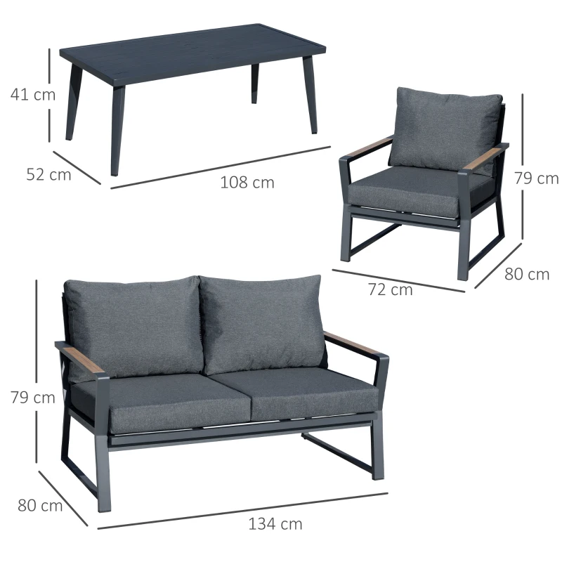 Outsunny Gartenmöbelset für 4 Personen Sofa Sessel Beistelltisch Polyrattan Alu Grau