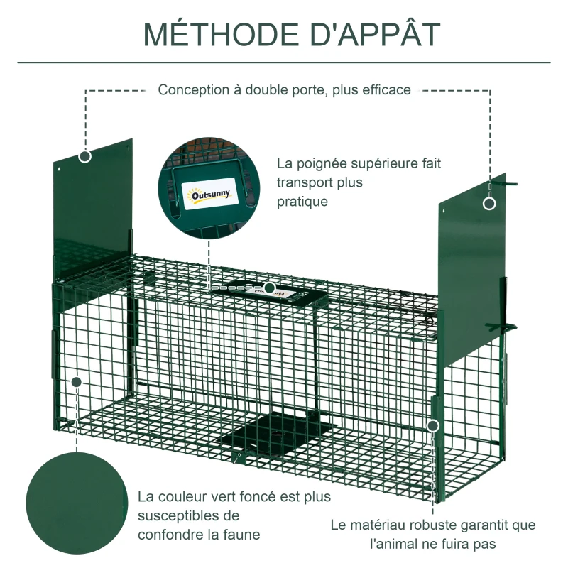 Outsunny Cage attrape animaux nuisibles acier 2 entrées dim. 80 x 25 x 30 cm vert foncé