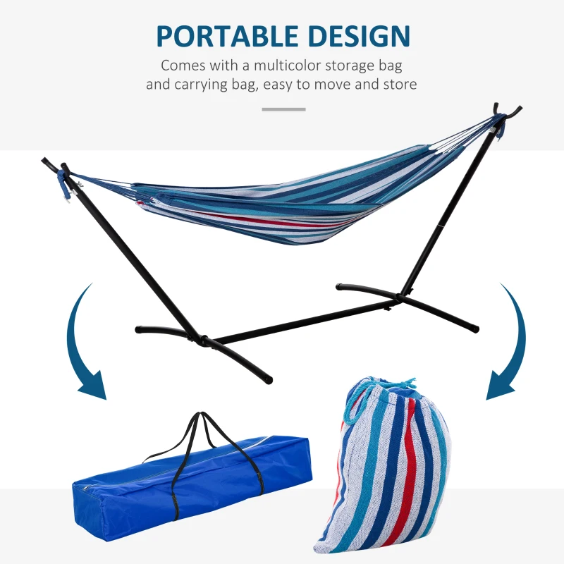 Outsunny 298 x 117cm Hammock with Stand Camping Hammock with Portable Carrying Bag, Adjustable Height, 120kg Load Capacity, Blue and White Stripe