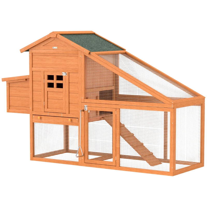 PawHut Wooden Chicken Coop with Run, Nesting Box, Slide-out Tray, Ramp, Perches, Asphalt Roof, 179 x 67 x 115cm