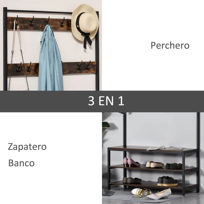 HOMCOM Perchero con Zapatero Perchero con 12 Ganchos Banco de 3 Estantes de Estilo Industrial 100x40x184 cm Marrón y Negro
