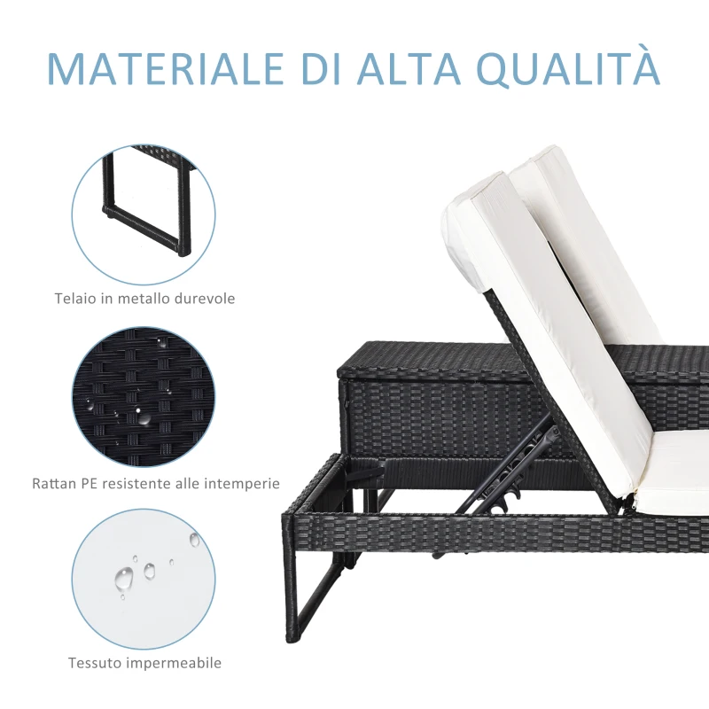 Outsunny 3pz Componibile 2 Lettinio Prendisole da Giardino(60 x 195 x 86cm) e 1 Tavolino (121 x 40 x 50cm) Rattan con Materassini, Nero e Bianco Crema